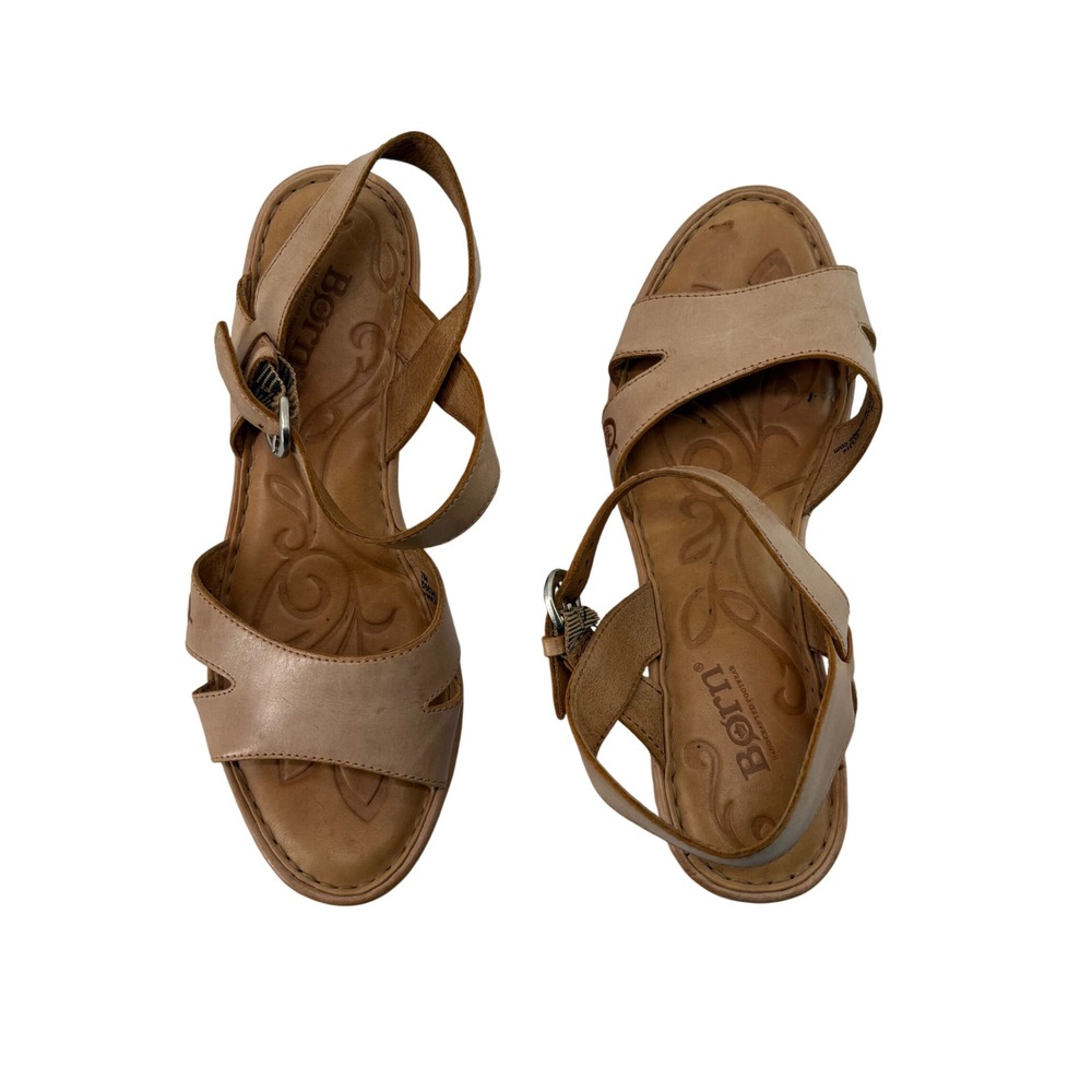 Born Tan Leather Platform Wedge Sandals Slingback Buckle D58341 Womens 7M